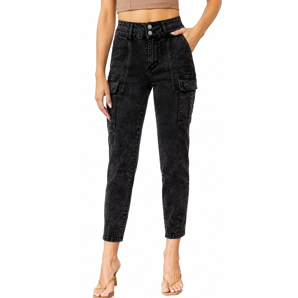 HUNGSON Cargo Jeans Women Size 4 Black Acid Wash‎ High Rise Tapered Slim Pants